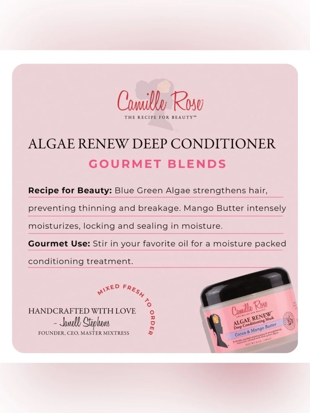Camilla rose Algae renew deep conditioning mask Cocoa & Mango Butter 8oz